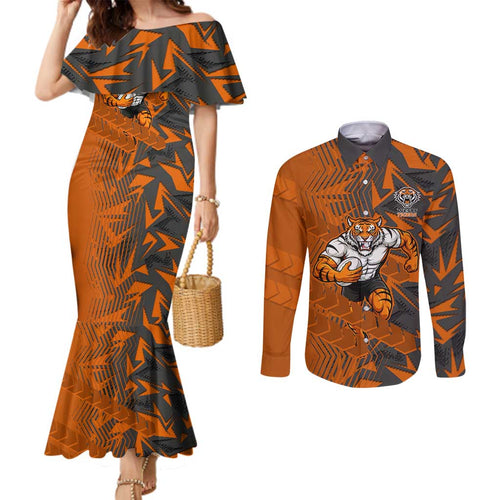 Wests Tigers Rugby Couples Matching Mermaid Dress and Long Sleeve Button Shirt Fierce Mascot Geometric Tribal Art