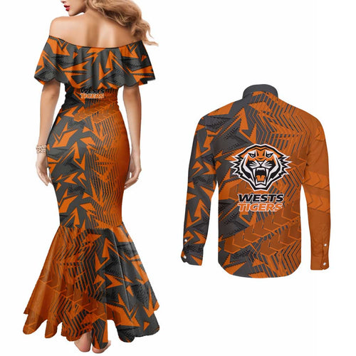 Wests Tigers Rugby Couples Matching Mermaid Dress and Long Sleeve Button Shirt Fierce Mascot Geometric Tribal Art