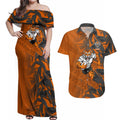 Wests Tigers Rugby Couples Matching Off Shoulder Maxi Dress and Hawaiian Shirt Fierce Mascot Geometric Tribal Art