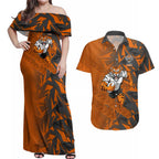 Wests Tigers Rugby Couples Matching Off Shoulder Maxi Dress and Hawaiian Shirt Fierce Mascot Geometric Tribal Art