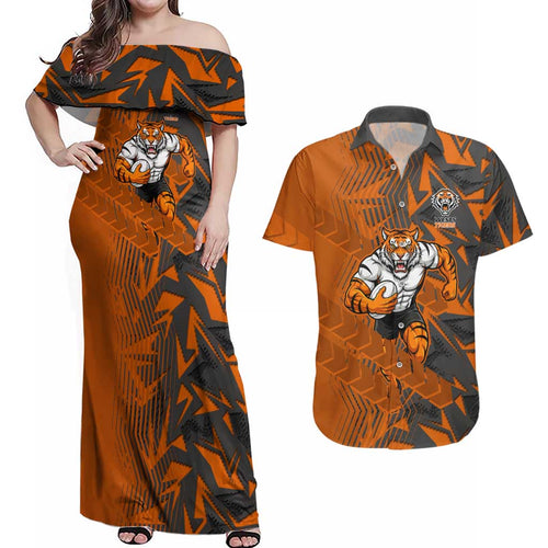 Wests Tigers Rugby Couples Matching Off Shoulder Maxi Dress and Hawaiian Shirt Fierce Mascot Geometric Tribal Art