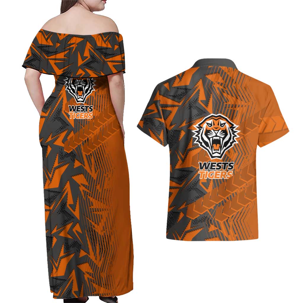 Wests Tigers Rugby Couples Matching Off Shoulder Maxi Dress and Hawaiian Shirt Fierce Mascot Geometric Tribal Art