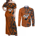 Wests Tigers Rugby Couples Matching Off Shoulder Maxi Dress and Long Sleeve Button Shirt Fierce Mascot Geometric Tribal Art
