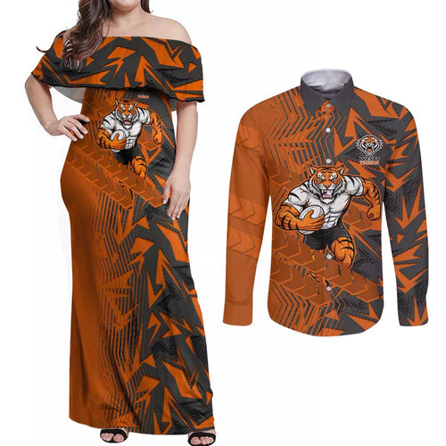 Wests Tigers Rugby Couples Matching Off Shoulder Maxi Dress and Long Sleeve Button Shirt Fierce Mascot Geometric Tribal Art