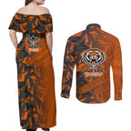 Wests Tigers Rugby Couples Matching Off Shoulder Maxi Dress and Long Sleeve Button Shirt Fierce Mascot Geometric Tribal Art