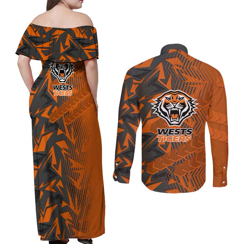 Wests Tigers Rugby Couples Matching Off Shoulder Maxi Dress and Long Sleeve Button Shirt Fierce Mascot Geometric Tribal Art