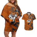 Wests Tigers Rugby Couples Matching Off Shoulder Short Dress and Hawaiian Shirt Fierce Mascot Geometric Tribal Art