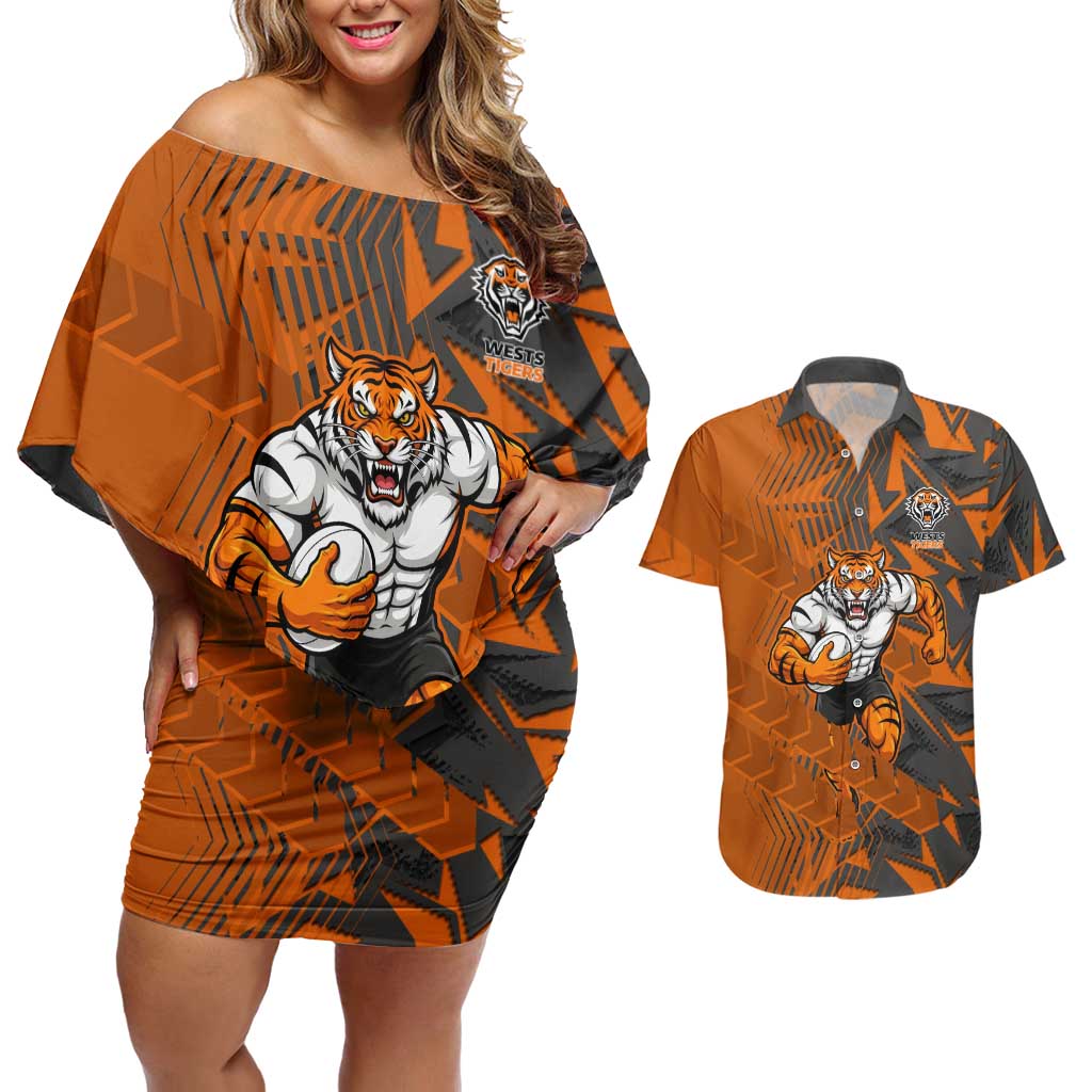Wests Tigers Rugby Couples Matching Off Shoulder Short Dress and Hawaiian Shirt Fierce Mascot Geometric Tribal Art
