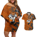 Wests Tigers Rugby Couples Matching Off Shoulder Short Dress and Hawaiian Shirt Fierce Mascot Geometric Tribal Art