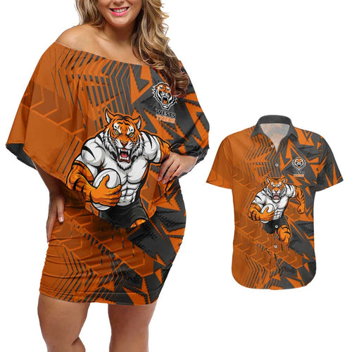 Wests Tigers Rugby Couples Matching Off Shoulder Short Dress and Hawaiian Shirt Fierce Mascot Geometric Tribal Art
