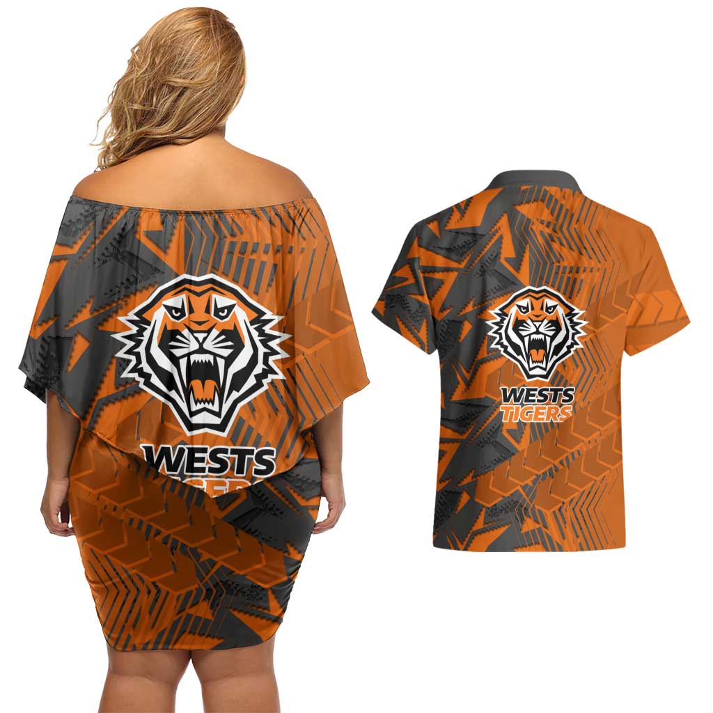 Wests Tigers Rugby Couples Matching Off Shoulder Short Dress and Hawaiian Shirt Fierce Mascot Geometric Tribal Art