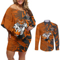 Wests Tigers Rugby Couples Matching Off Shoulder Short Dress and Long Sleeve Button Shirt Fierce Mascot Geometric Tribal Art