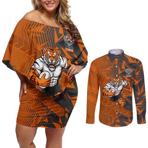 Wests Tigers Rugby Couples Matching Off Shoulder Short Dress and Long Sleeve Button Shirt Fierce Mascot Geometric Tribal Art