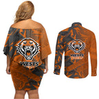 Wests Tigers Rugby Couples Matching Off Shoulder Short Dress and Long Sleeve Button Shirt Fierce Mascot Geometric Tribal Art