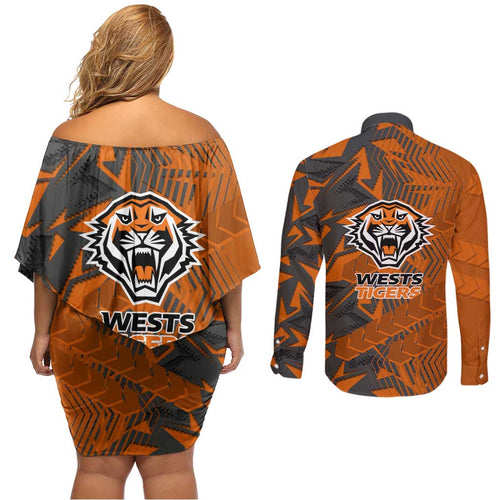 Wests Tigers Rugby Couples Matching Off Shoulder Short Dress and Long Sleeve Button Shirt Fierce Mascot Geometric Tribal Art
