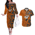 Wests Tigers Rugby Couples Matching Off The Shoulder Long Sleeve Dress and Hawaiian Shirt Fierce Mascot Geometric Tribal Art