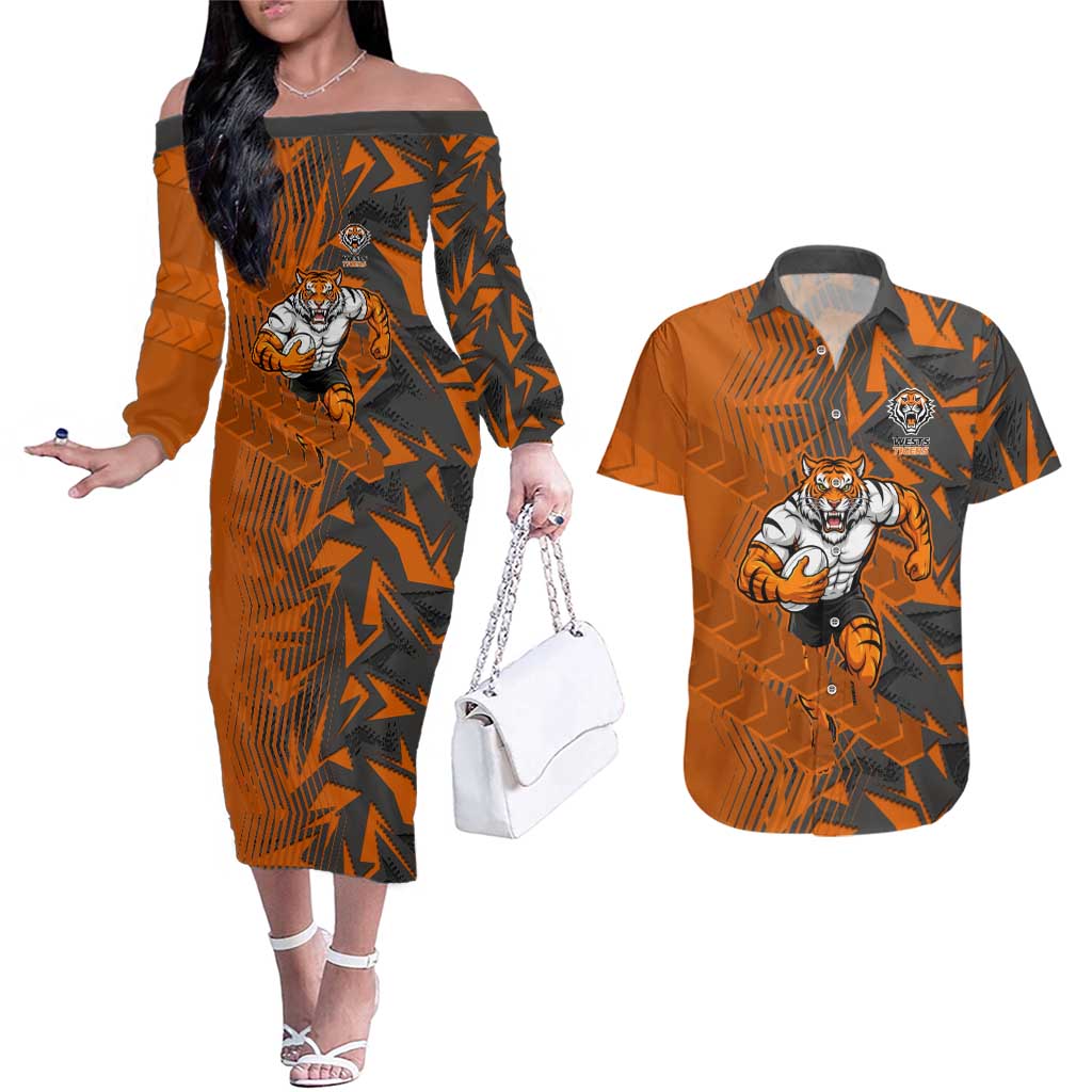Wests Tigers Rugby Couples Matching Off The Shoulder Long Sleeve Dress and Hawaiian Shirt Fierce Mascot Geometric Tribal Art