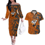 Wests Tigers Rugby Couples Matching Off The Shoulder Long Sleeve Dress and Hawaiian Shirt Fierce Mascot Geometric Tribal Art