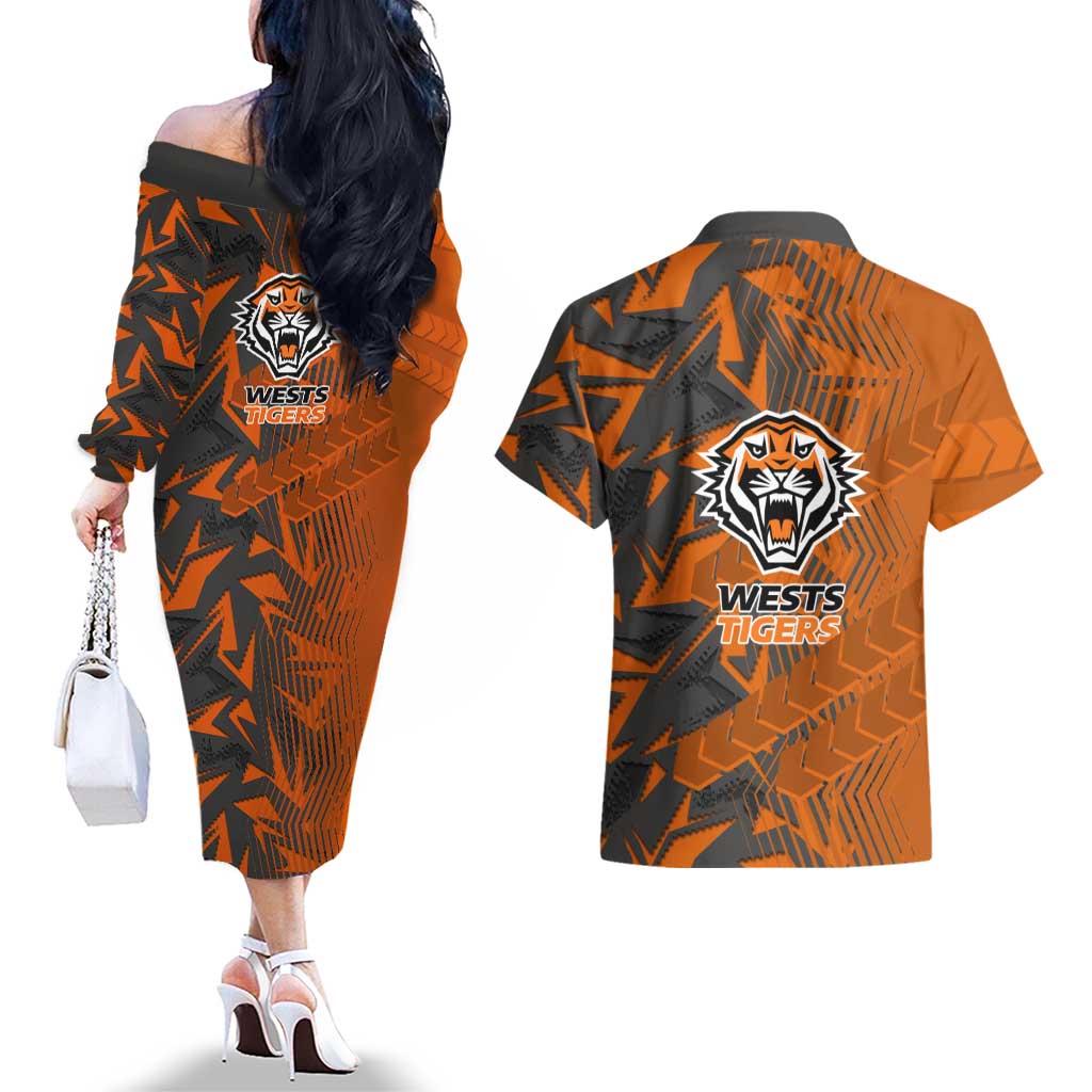Wests Tigers Rugby Couples Matching Off The Shoulder Long Sleeve Dress and Hawaiian Shirt Fierce Mascot Geometric Tribal Art