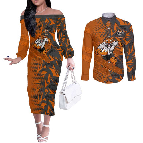 Wests Tigers Rugby Couples Matching Off The Shoulder Long Sleeve Dress and Long Sleeve Button Shirt Fierce Mascot Geometric Tribal Art