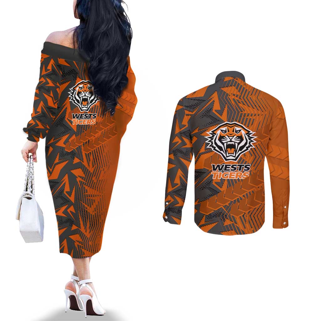 Wests Tigers Rugby Couples Matching Off The Shoulder Long Sleeve Dress and Long Sleeve Button Shirt Fierce Mascot Geometric Tribal Art
