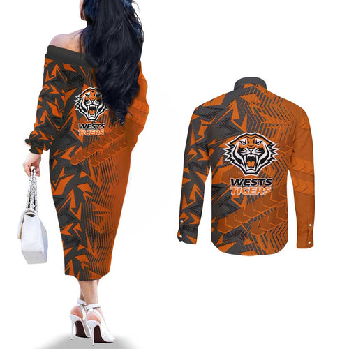 Wests Tigers Rugby Couples Matching Off The Shoulder Long Sleeve Dress and Long Sleeve Button Shirt Fierce Mascot Geometric Tribal Art