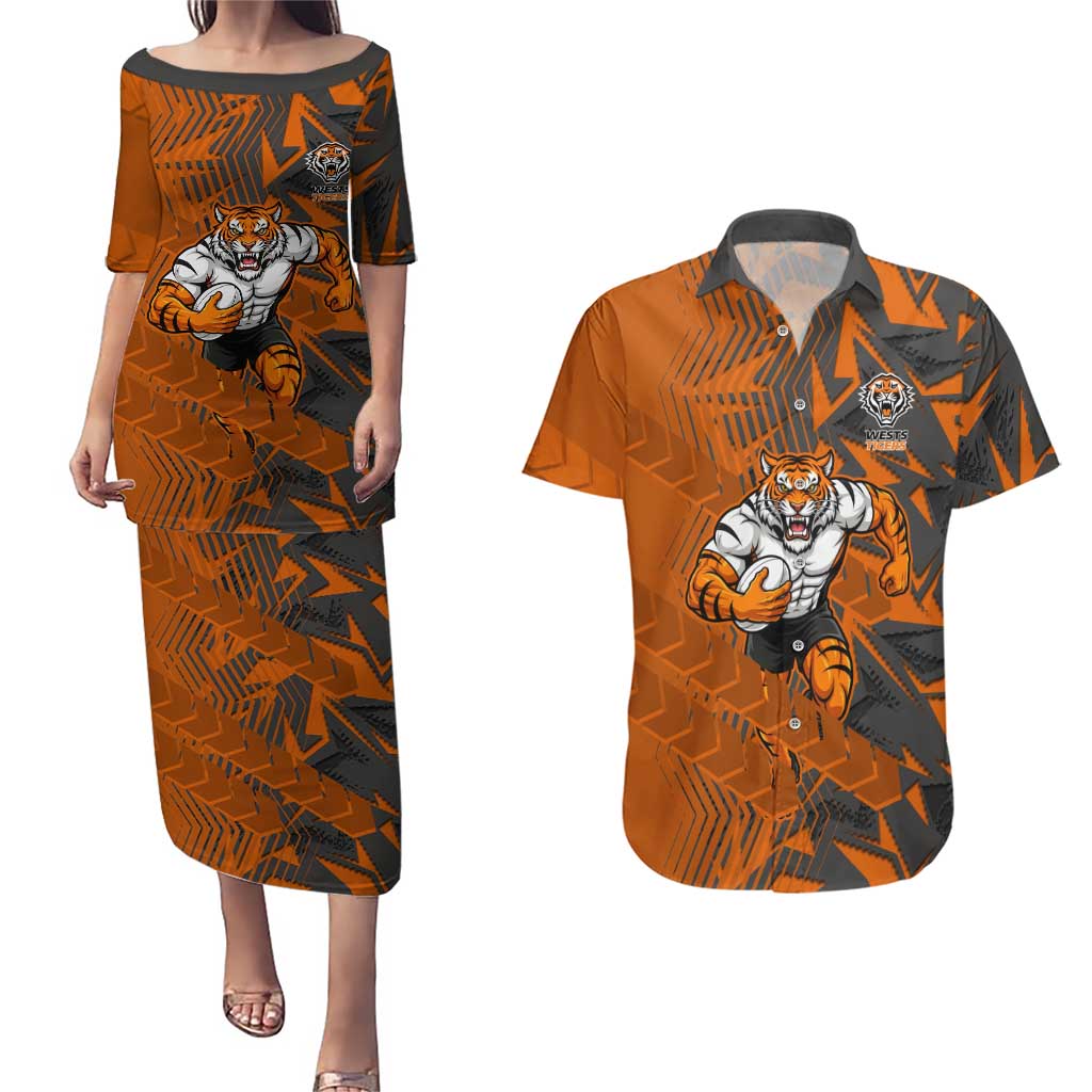 Wests Tigers Rugby Couples Matching Puletasi and Hawaiian Shirt Fierce Mascot Geometric Tribal Art