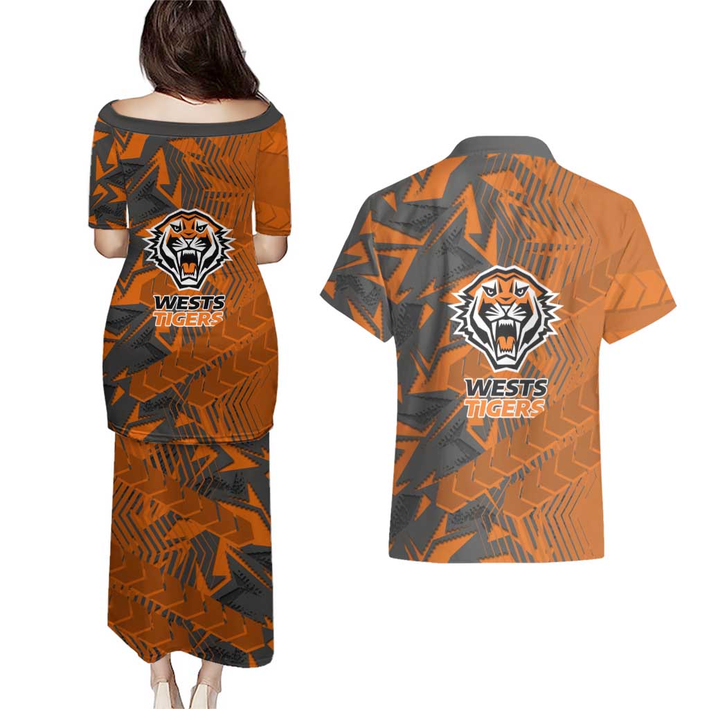 Wests Tigers Rugby Couples Matching Puletasi and Hawaiian Shirt Fierce Mascot Geometric Tribal Art