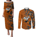 Wests Tigers Rugby Couples Matching Puletasi and Long Sleeve Button Shirt Fierce Mascot Geometric Tribal Art