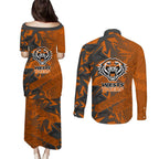 Wests Tigers Rugby Couples Matching Puletasi and Long Sleeve Button Shirt Fierce Mascot Geometric Tribal Art