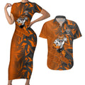 Wests Tigers Rugby Couples Matching Short Sleeve Bodycon Dress and Hawaiian Shirt Fierce Mascot Geometric Tribal Art