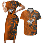 Wests Tigers Rugby Couples Matching Short Sleeve Bodycon Dress and Hawaiian Shirt Fierce Mascot Geometric Tribal Art