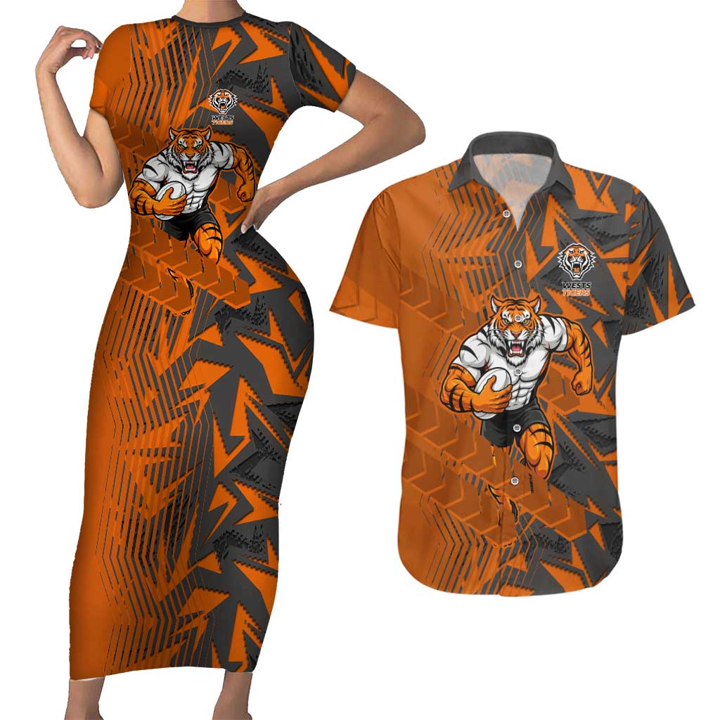 Wests Tigers Rugby Couples Matching Short Sleeve Bodycon Dress and Hawaiian Shirt Fierce Mascot Geometric Tribal Art