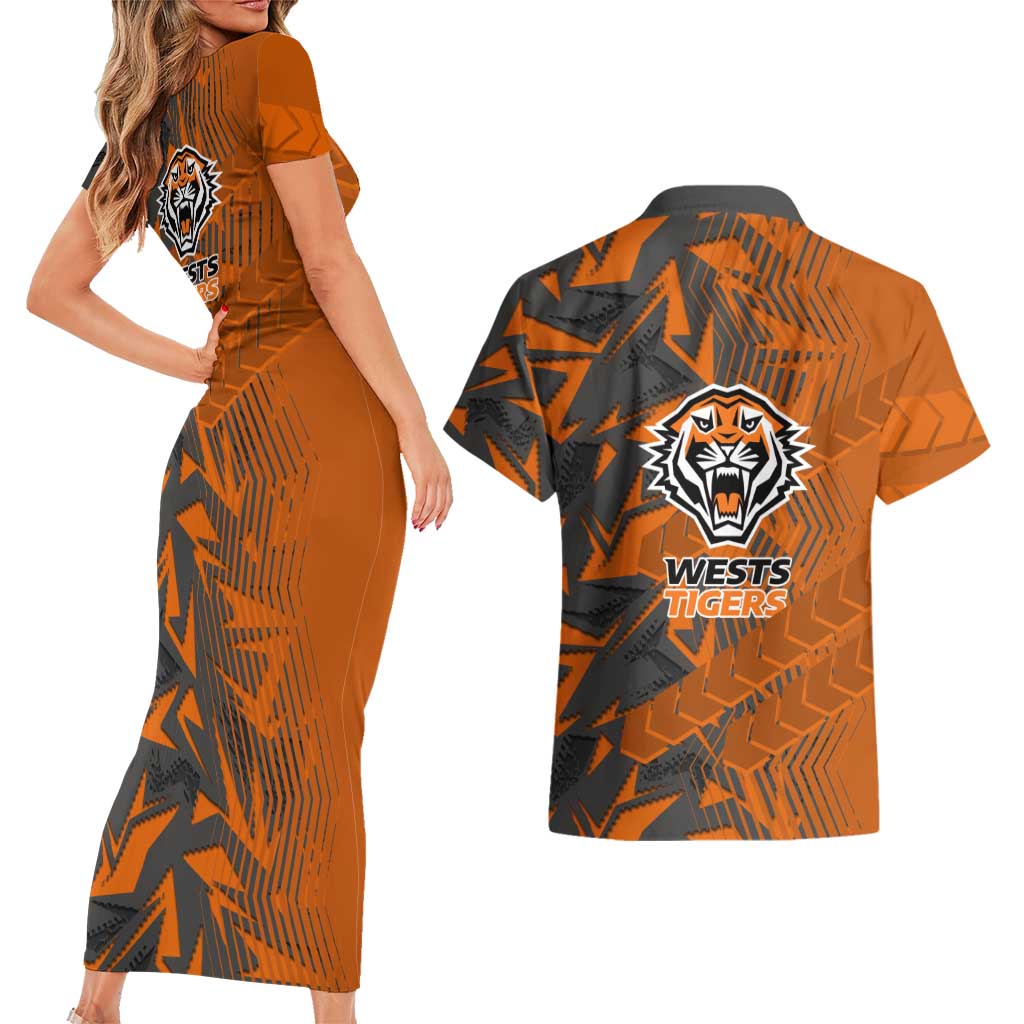 Wests Tigers Rugby Couples Matching Short Sleeve Bodycon Dress and Hawaiian Shirt Fierce Mascot Geometric Tribal Art