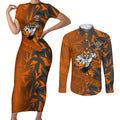 Wests Tigers Rugby Couples Matching Short Sleeve Bodycon Dress and Long Sleeve Button Shirt Fierce Mascot Geometric Tribal Art