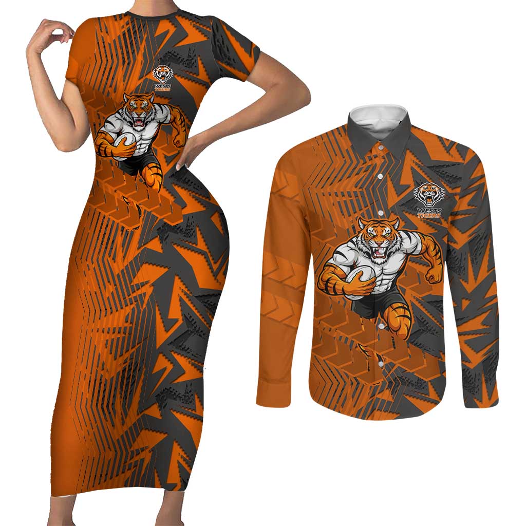 Wests Tigers Rugby Couples Matching Short Sleeve Bodycon Dress and Long Sleeve Button Shirt Fierce Mascot Geometric Tribal Art
