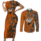 Wests Tigers Rugby Couples Matching Short Sleeve Bodycon Dress and Long Sleeve Button Shirt Fierce Mascot Geometric Tribal Art