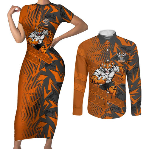 Wests Tigers Rugby Couples Matching Short Sleeve Bodycon Dress and Long Sleeve Button Shirt Fierce Mascot Geometric Tribal Art