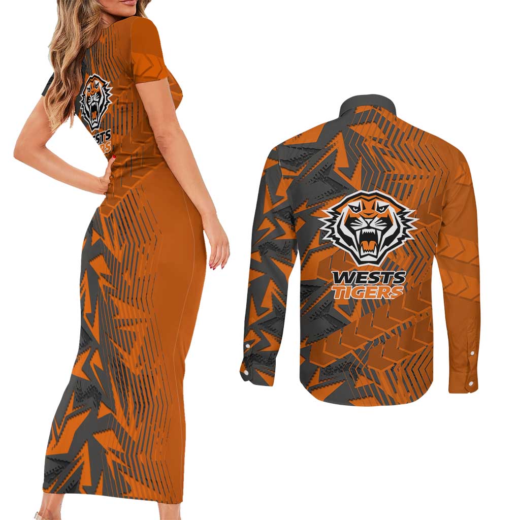 Wests Tigers Rugby Couples Matching Short Sleeve Bodycon Dress and Long Sleeve Button Shirt Fierce Mascot Geometric Tribal Art