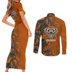 Wests Tigers Rugby Couples Matching Short Sleeve Bodycon Dress and Long Sleeve Button Shirt Fierce Mascot Geometric Tribal Art