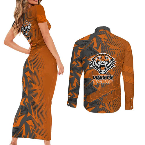 Wests Tigers Rugby Couples Matching Short Sleeve Bodycon Dress and Long Sleeve Button Shirt Fierce Mascot Geometric Tribal Art