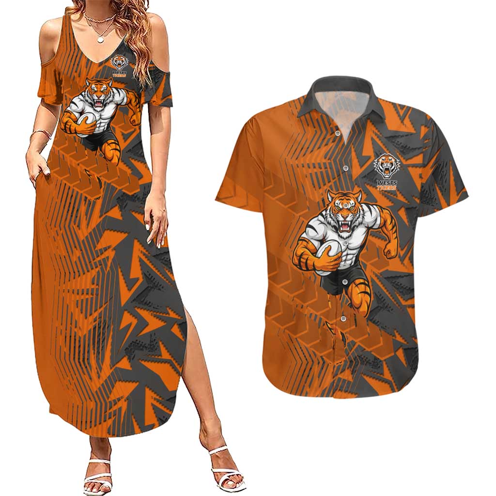 Wests Tigers Rugby Couples Matching Summer Maxi Dress and Hawaiian Shirt Fierce Mascot Geometric Tribal Art