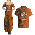Wests Tigers Rugby Couples Matching Summer Maxi Dress and Hawaiian Shirt Fierce Mascot Geometric Tribal Art