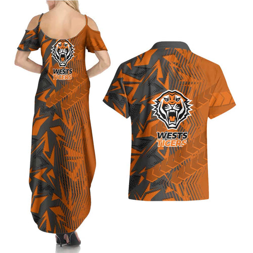 Wests Tigers Rugby Couples Matching Summer Maxi Dress and Hawaiian Shirt Fierce Mascot Geometric Tribal Art