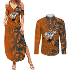 Wests Tigers Rugby Couples Matching Summer Maxi Dress and Long Sleeve Button Shirt Fierce Mascot Geometric Tribal Art
