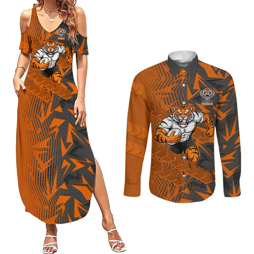 Wests Tigers Rugby Couples Matching Summer Maxi Dress and Long Sleeve Button Shirt Fierce Mascot Geometric Tribal Art