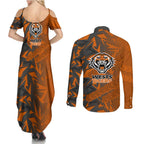 Wests Tigers Rugby Couples Matching Summer Maxi Dress and Long Sleeve Button Shirt Fierce Mascot Geometric Tribal Art