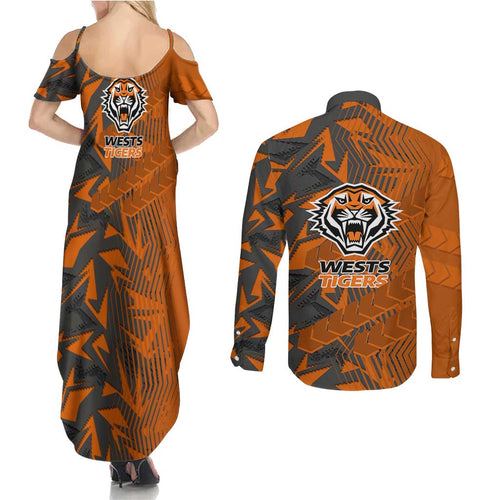 Wests Tigers Rugby Couples Matching Summer Maxi Dress and Long Sleeve Button Shirt Fierce Mascot Geometric Tribal Art