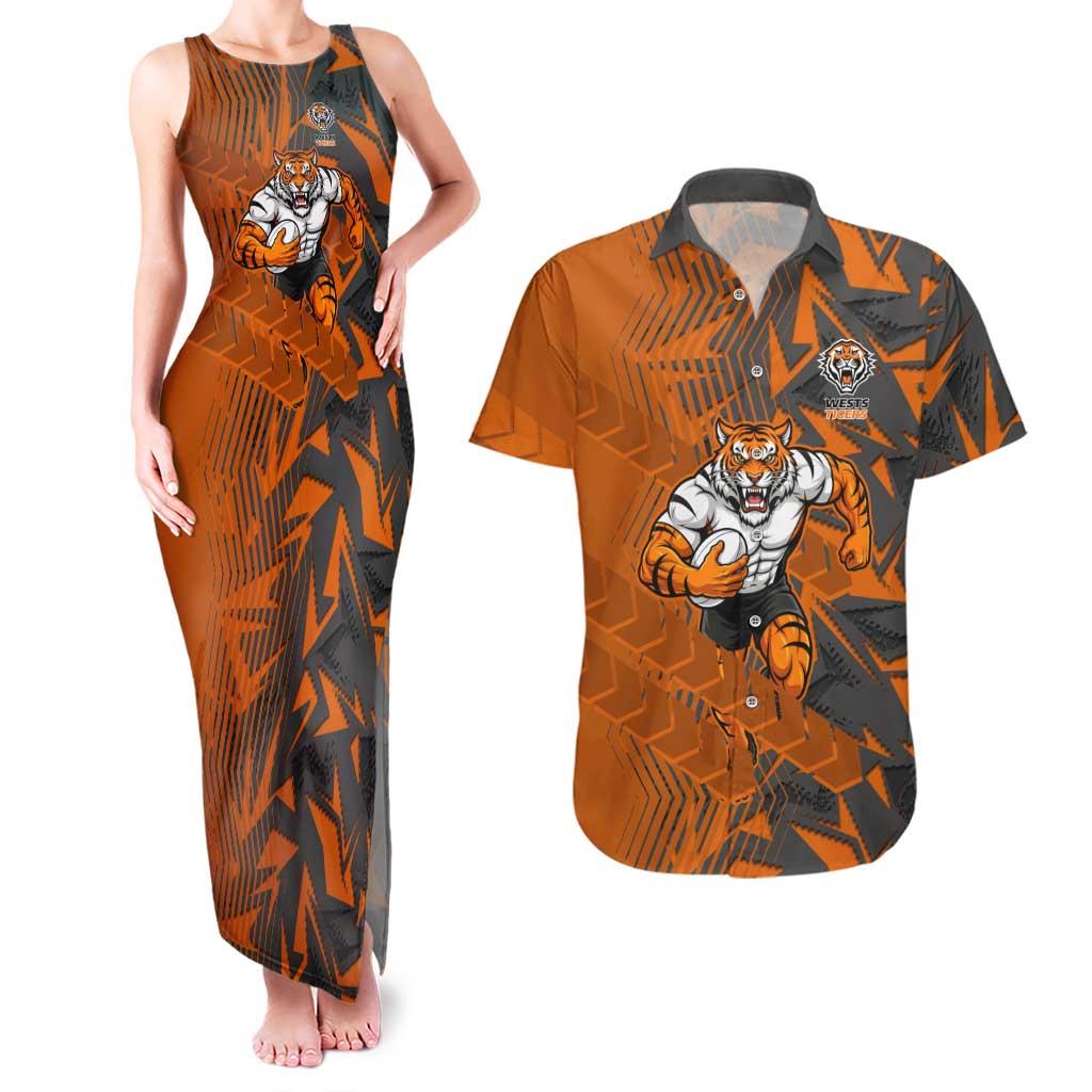 Wests Tigers Rugby Couples Matching Tank Maxi Dress and Hawaiian Shirt Fierce Mascot Geometric Tribal Art