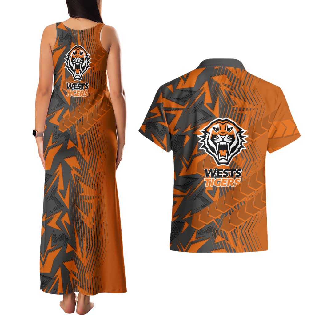 Wests Tigers Rugby Couples Matching Tank Maxi Dress and Hawaiian Shirt Fierce Mascot Geometric Tribal Art